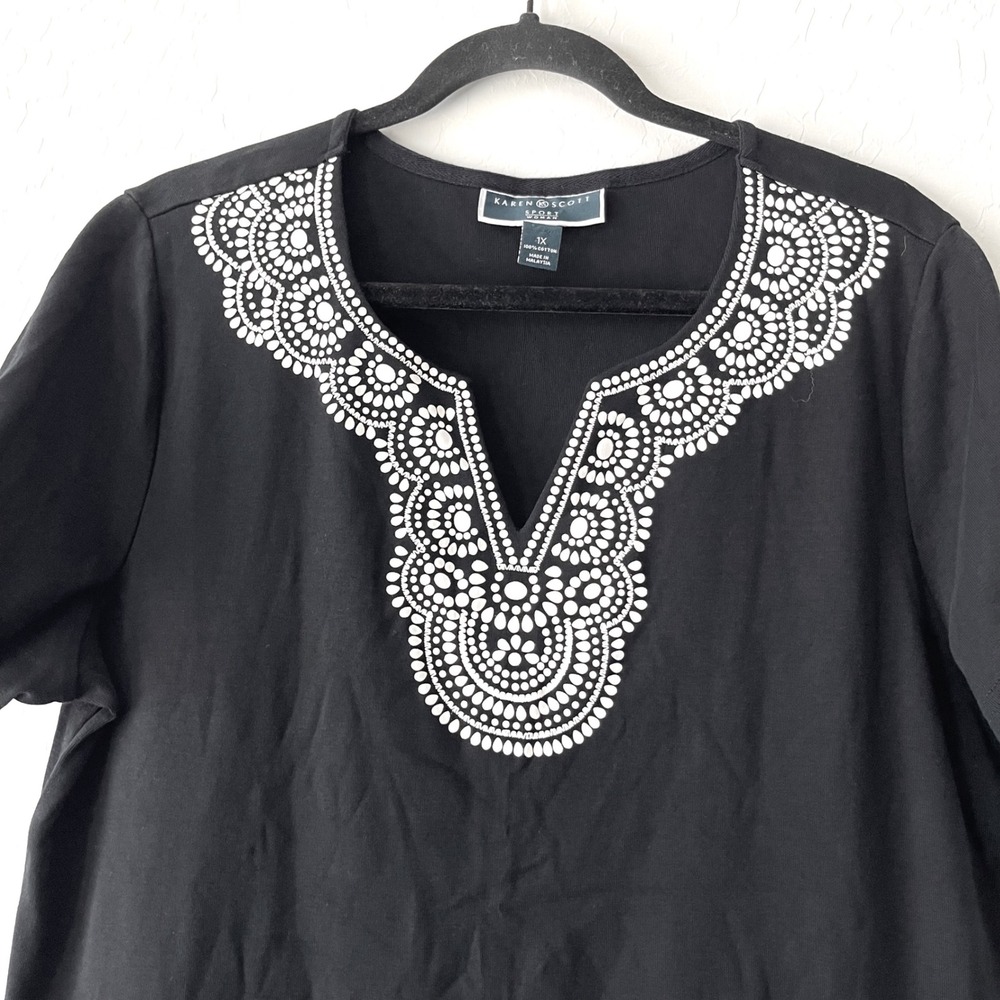 Karen Scott Sport Woman Black Embroidered V Neck‎ Tunic Dress 1X Cotton